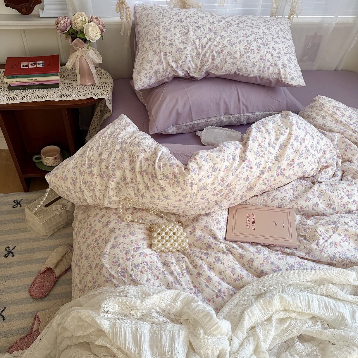 91家纺网 家纺一手货源 找家纺 原素 2026新春ins博主风双拼小碎花花卉水洗棉纱四件套 花团紫