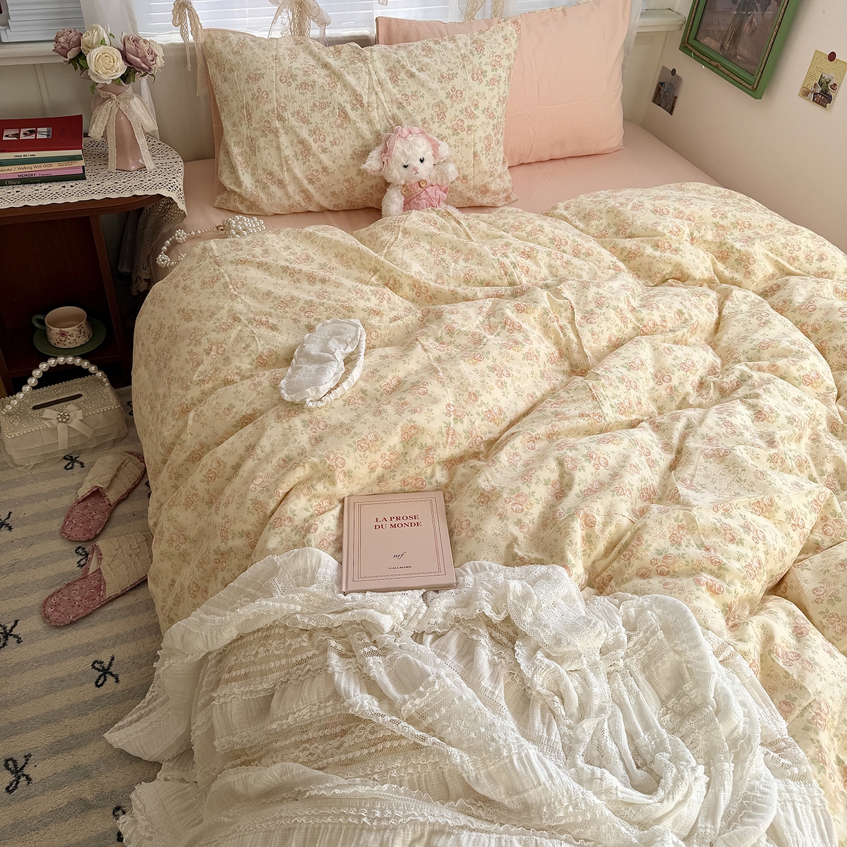 91家纺网 家纺一手货源 找家纺 原素 2026新春ins博主风双拼小碎花花卉水洗棉纱四件套 依恋