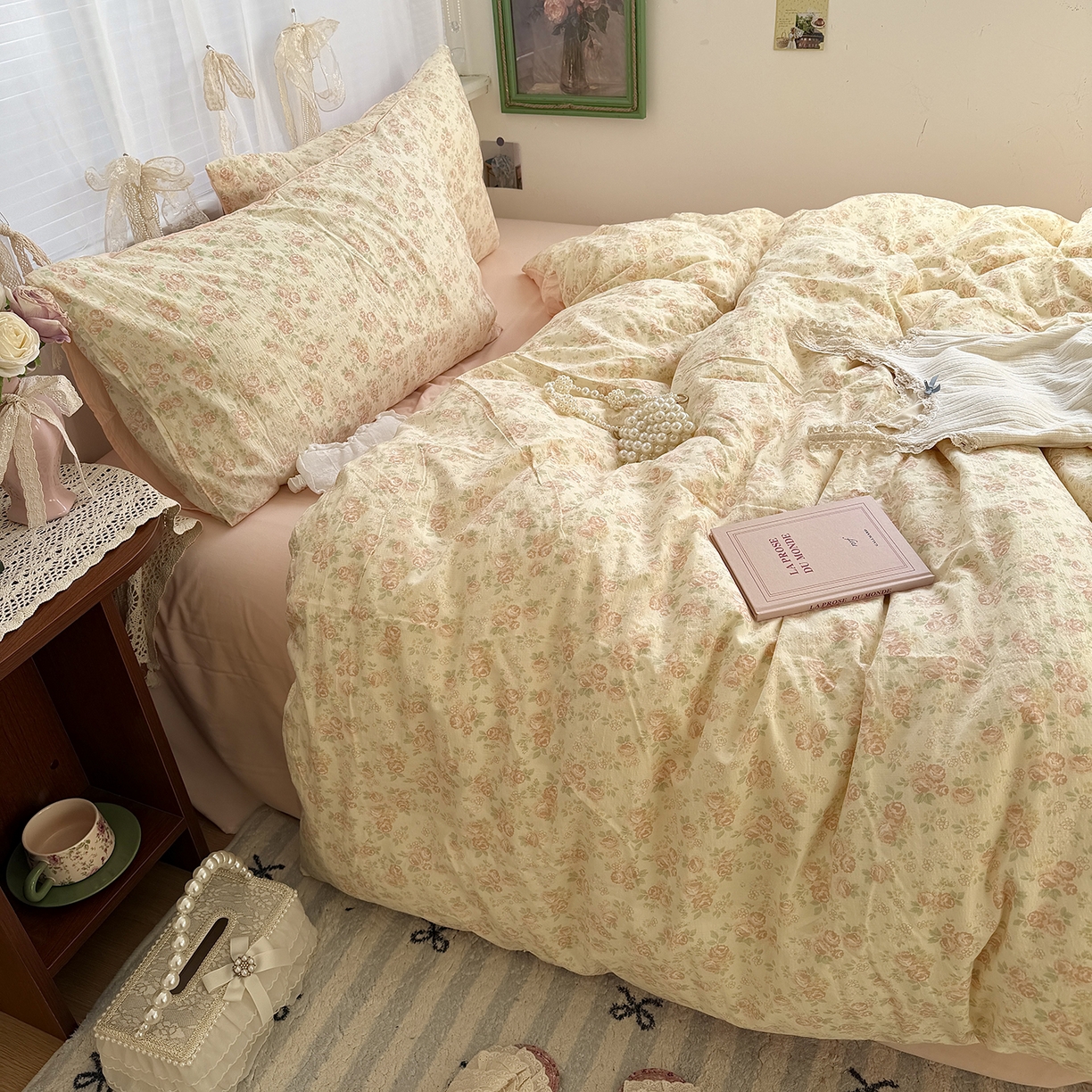 91家纺网 家纺一手货源 找家纺 原素 2026新春ins博主风双拼小碎花花卉水洗棉纱四件套 依恋