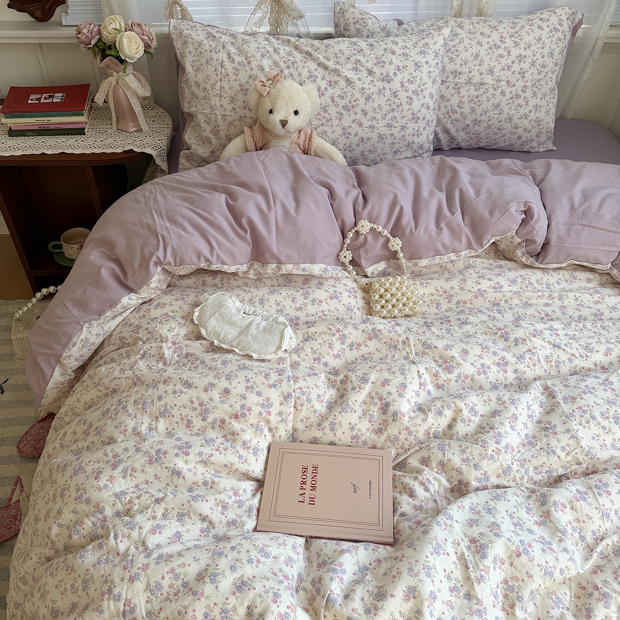 91家纺网 家纺一手货源 找家纺 原素 2026新春ins博主风双拼小碎花花卉水洗棉纱四件套 花团紫