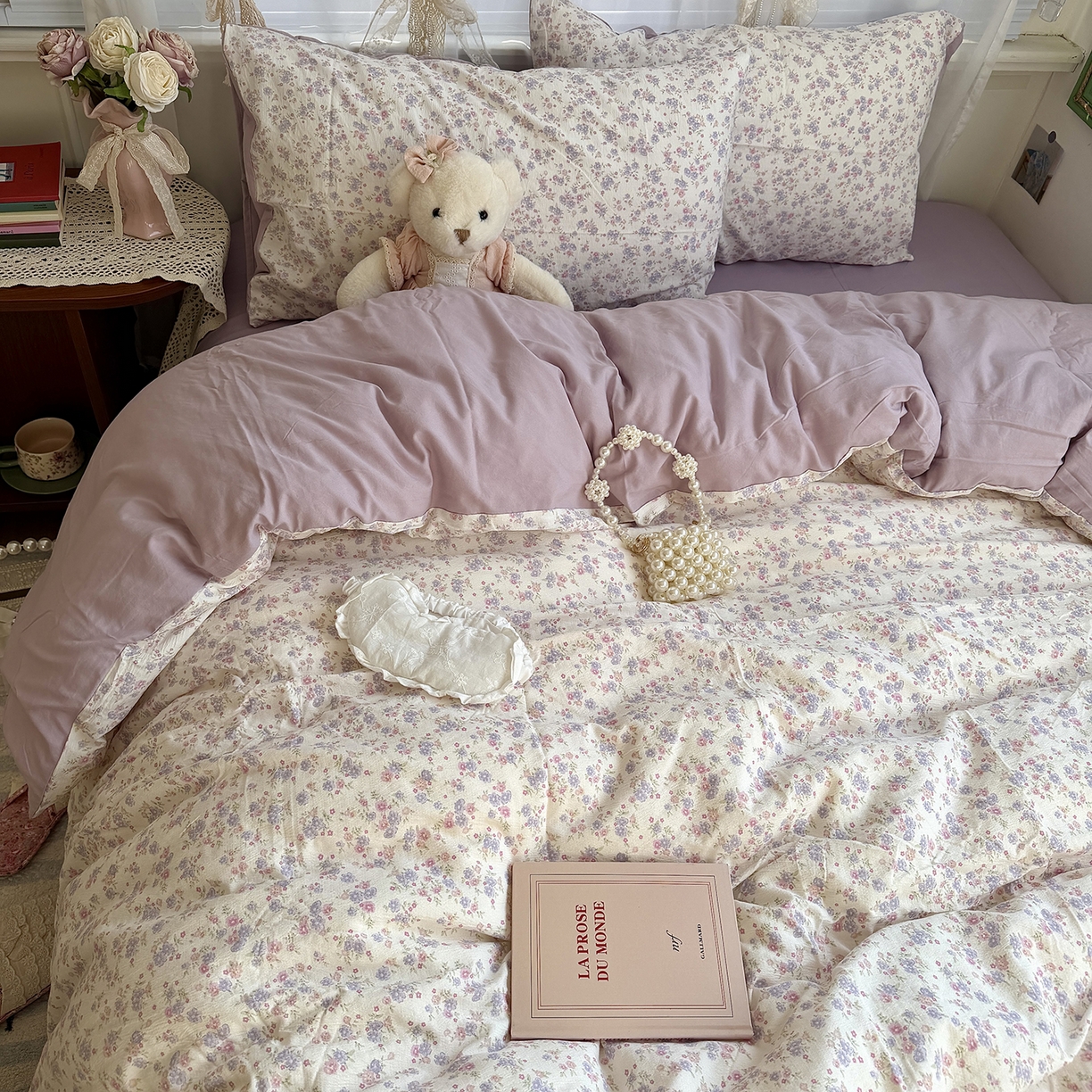 91家纺网 家纺一手货源 找家纺 原素 2026新春ins博主风双拼小碎花花卉水洗棉纱四件套 花团紫