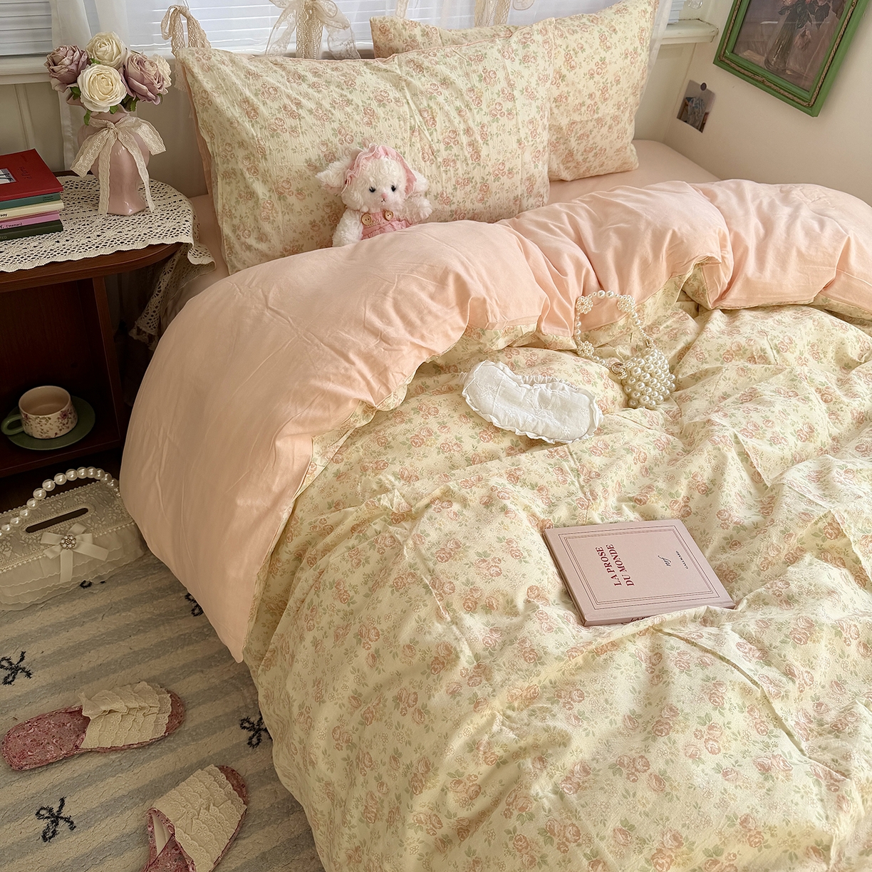 91家纺网 家纺一手货源 找家纺 原素 2026新春ins博主风双拼小碎花花卉水洗棉纱四件套 依恋