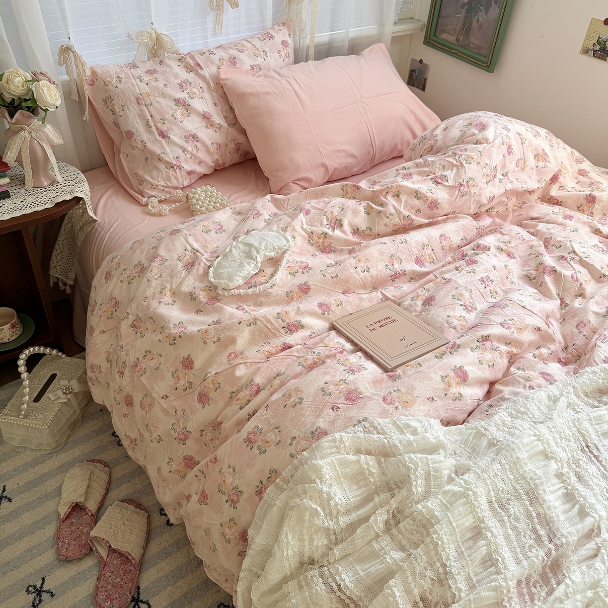 91家纺网 家纺一手货源 找家纺 原素 2026新春ins博主风双拼小碎花花卉水洗棉纱四件套 粉玫瑰