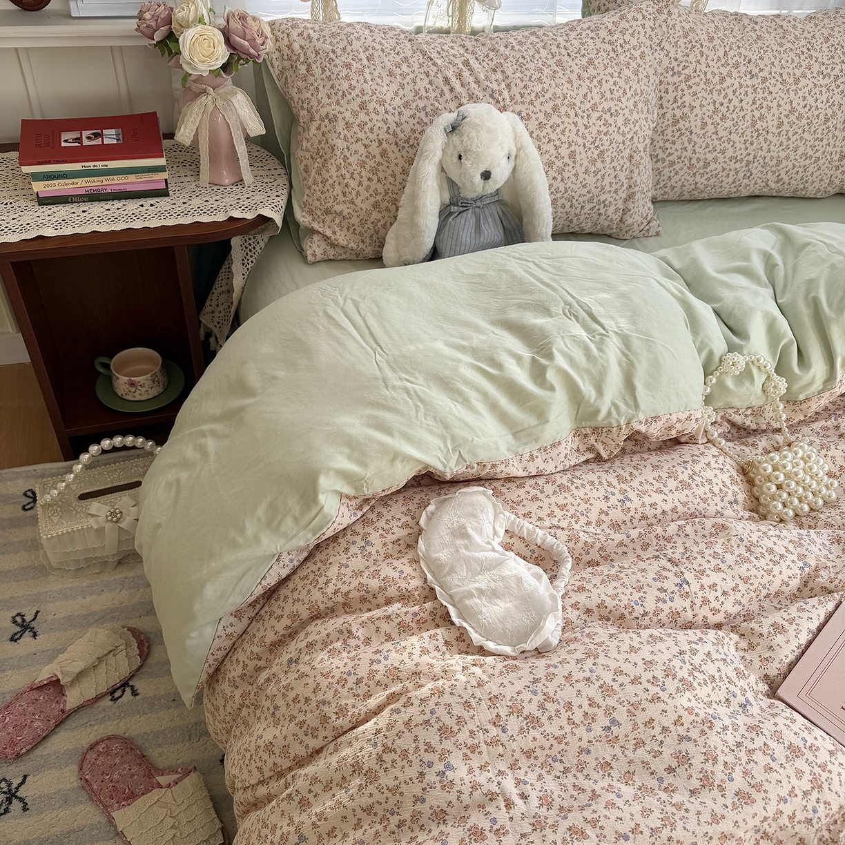 91家纺网 家纺一手货源 找家纺 原素 2026新春ins博主风双拼小碎花花卉水洗棉纱四件套 繁星