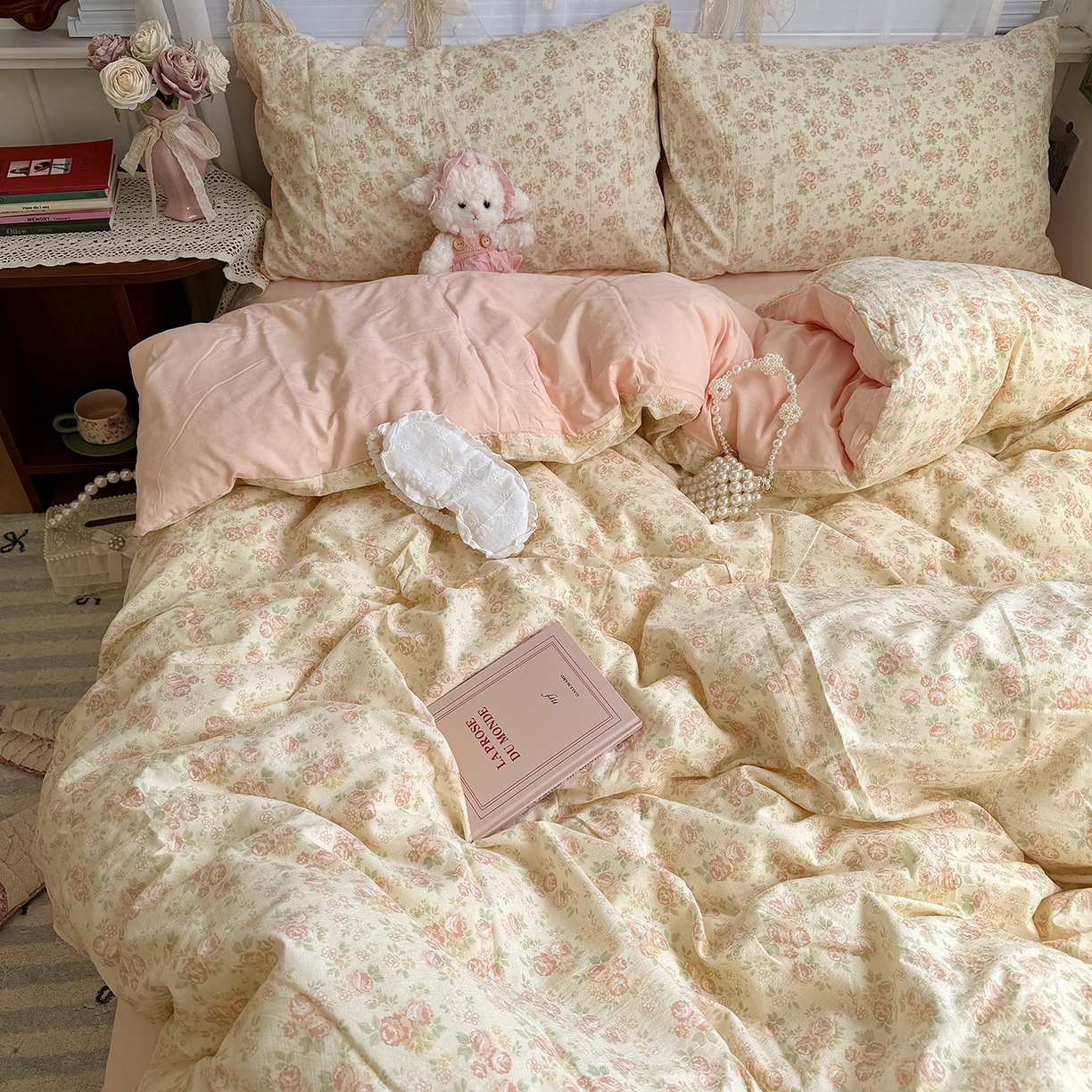 91家纺网 家纺一手货源 找家纺 原素 2026新春ins博主风双拼小碎花花卉水洗棉纱四件套 依恋