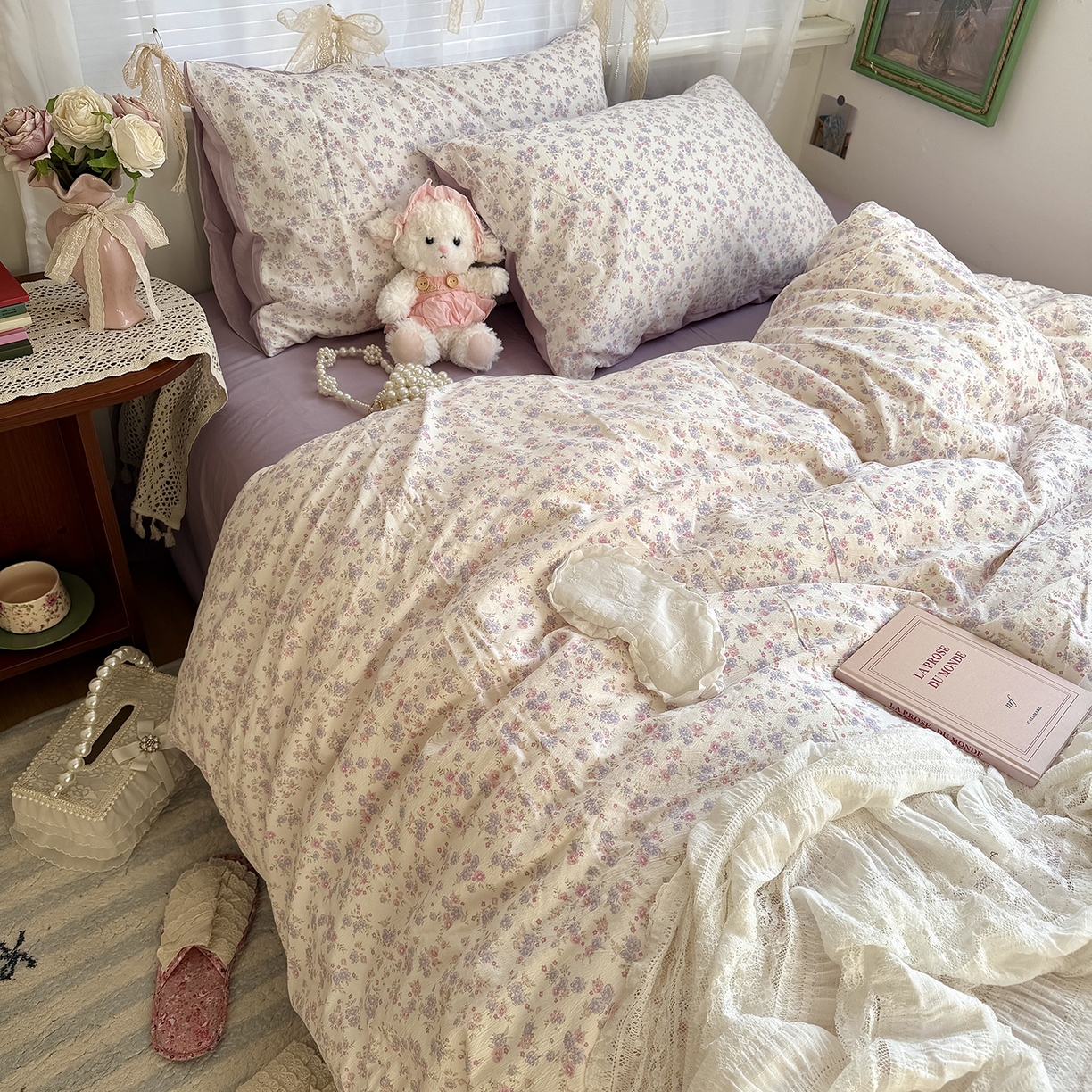 91家纺网 家纺一手货源 找家纺 原素 2026新春ins博主风双拼小碎花花卉水洗棉纱四件套 花团紫