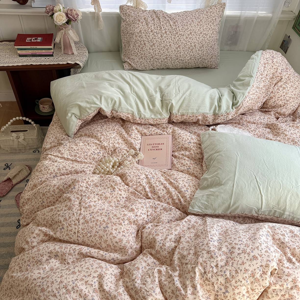 91家纺网 家纺一手货源 找家纺 原素 2026新春ins博主风双拼小碎花花卉水洗棉纱四件套 繁星