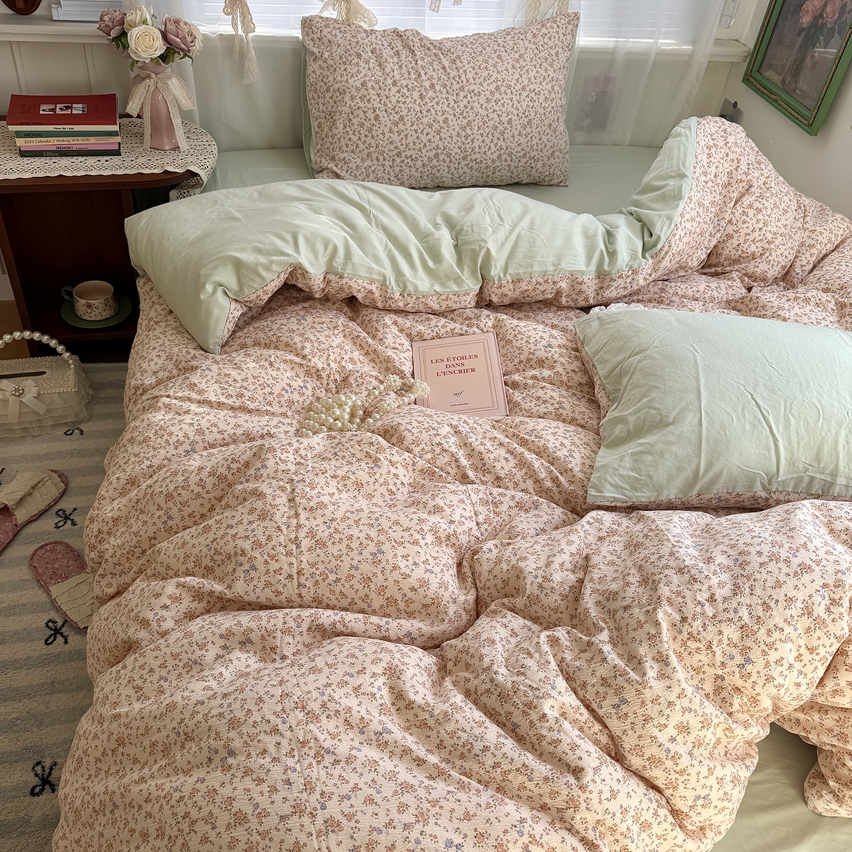 91家纺网 家纺一手货源 找家纺 原素 2026新春ins博主风双拼小碎花花卉水洗棉纱四件套 繁星