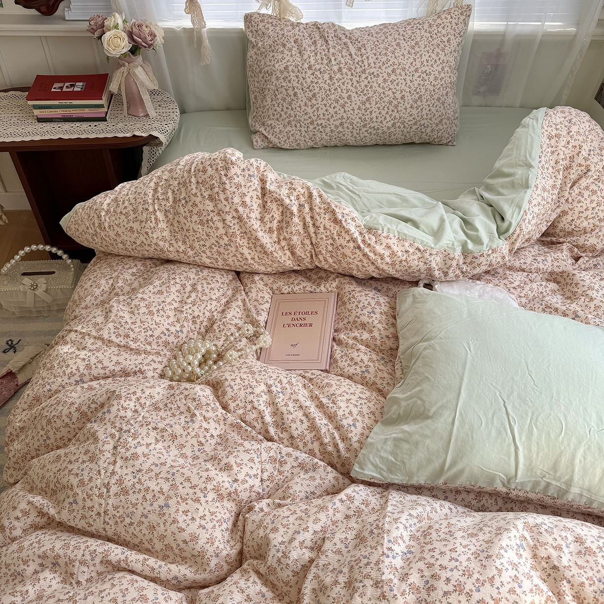 91家纺网 家纺一手货源 找家纺 原素 2026新春ins博主风双拼小碎花花卉水洗棉纱四件套 繁星