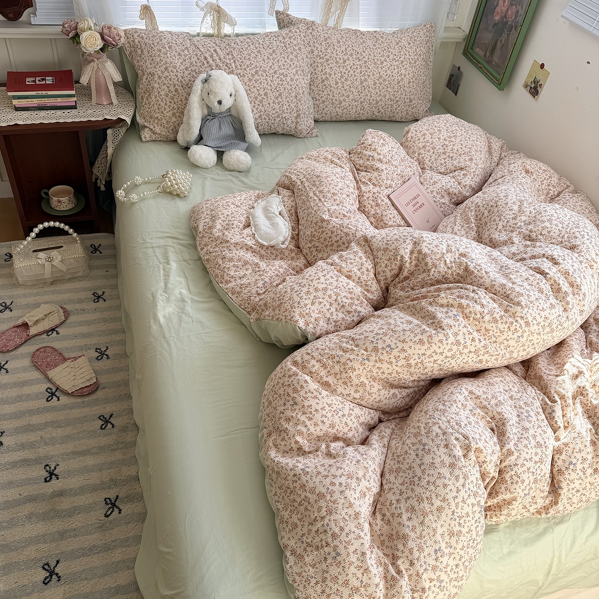 91家纺网 家纺一手货源 找家纺 原素 2026新春ins博主风双拼小碎花花卉水洗棉纱四件套 繁星