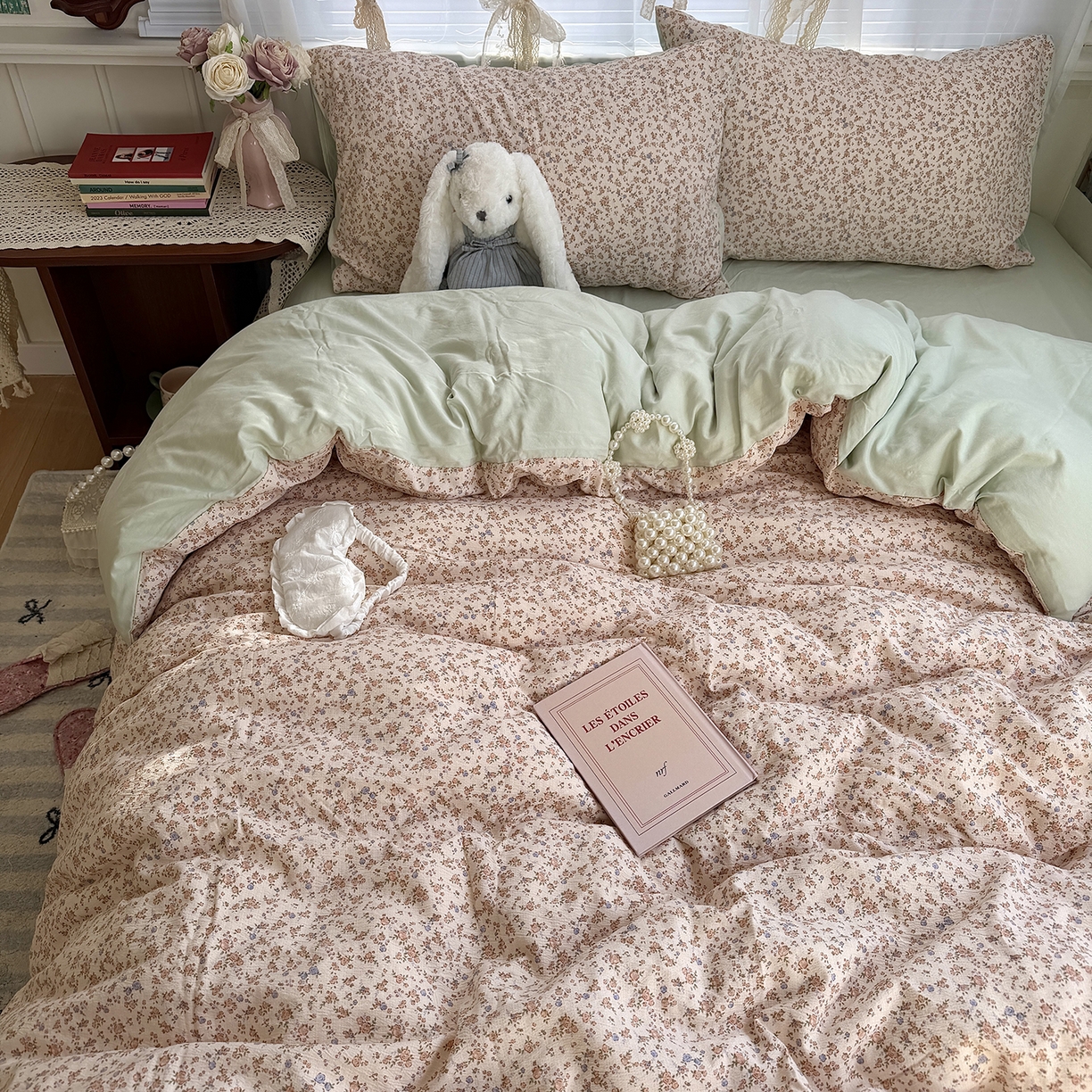 91家纺网 家纺一手货源 找家纺 原素 2026新春ins博主风双拼小碎花花卉水洗棉纱四件套 繁星