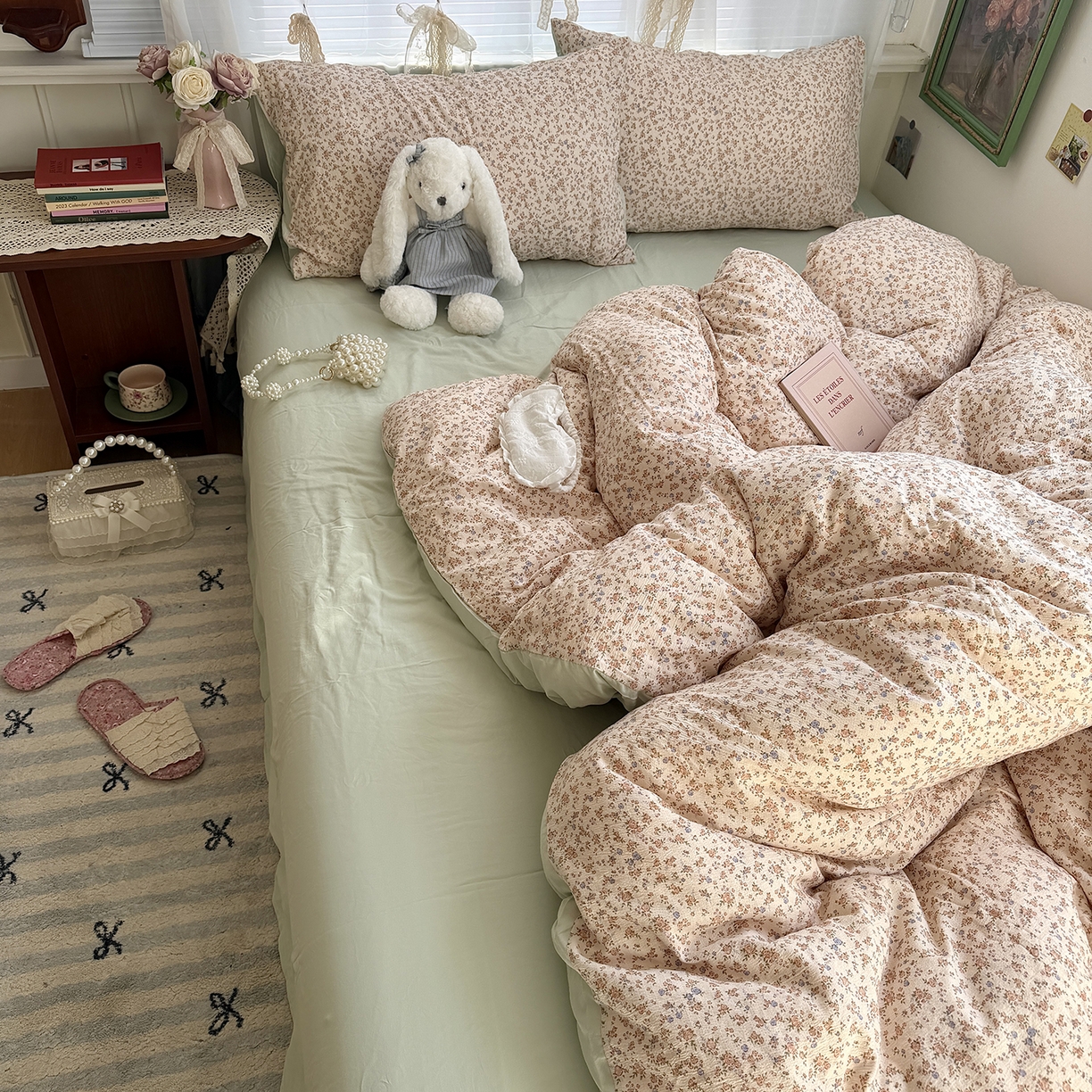 91家纺网 家纺一手货源 找家纺 原素 2026新春ins博主风双拼小碎花花卉水洗棉纱四件套 繁星