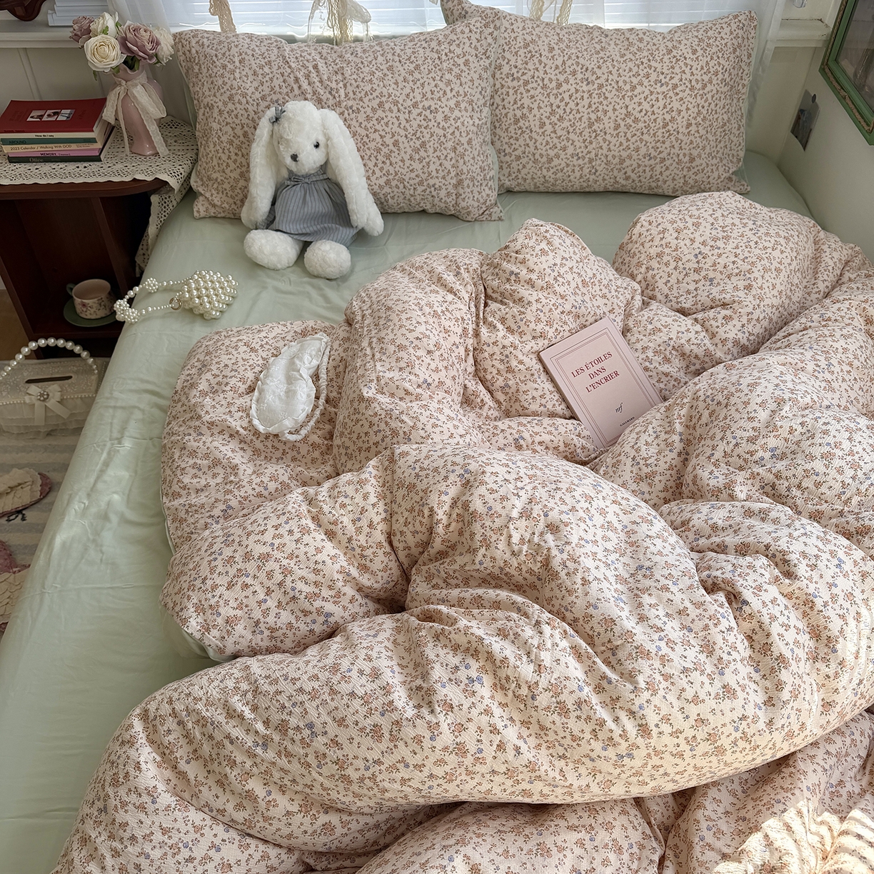 91家纺网 家纺一手货源 找家纺 原素 2026新春ins博主风双拼小碎花花卉水洗棉纱四件套 繁星