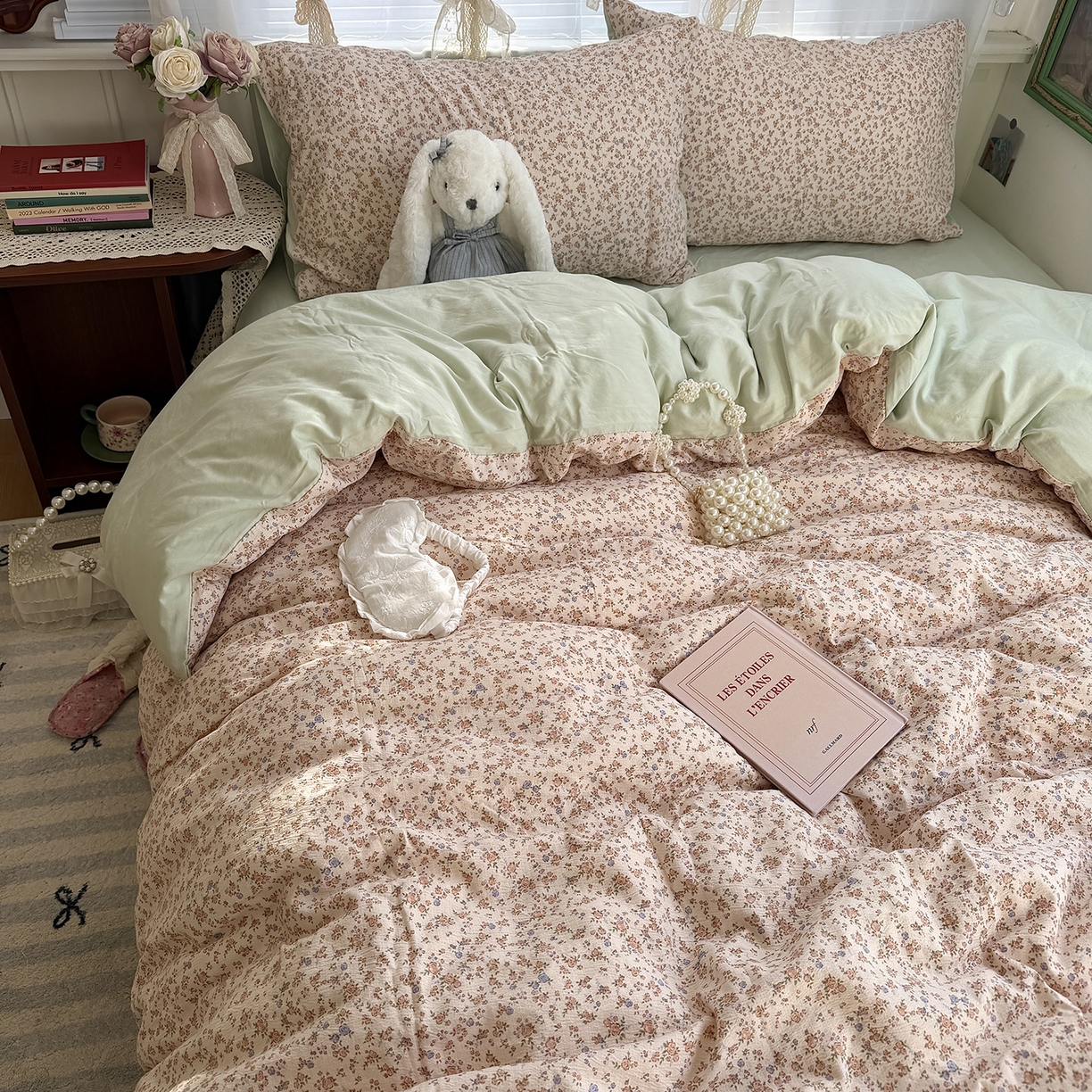 91家纺网 家纺一手货源 找家纺 原素 2026新春ins博主风双拼小碎花花卉水洗棉纱四件套 繁星