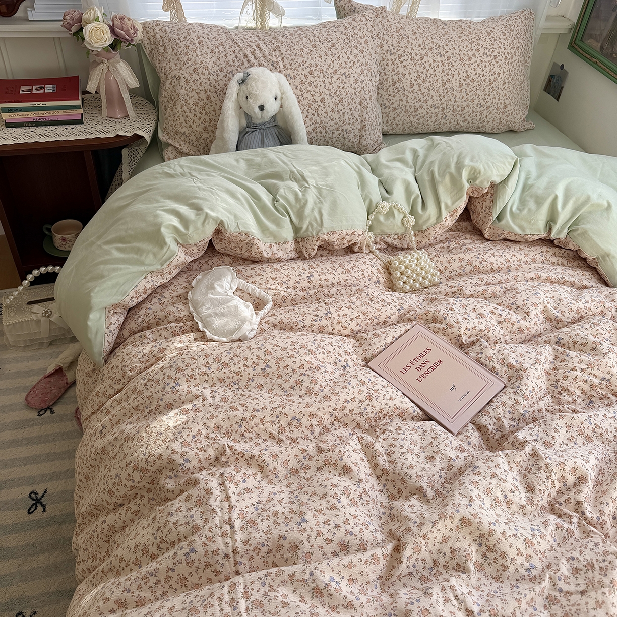 91家纺网 家纺一手货源 找家纺 原素 2026新春ins博主风双拼小碎花花卉水洗棉纱四件套 繁星