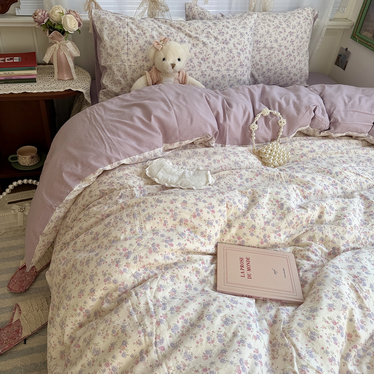 91家纺网 家纺一手货源 找家纺 原素 2026新春ins博主风双拼小碎花花卉水洗棉纱四件套 花团紫