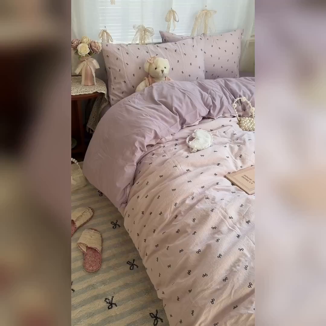 91家纺网 家纺一手货源 找家纺 原素 2026新春ins博主风双拼小碎花花卉水洗棉纱四件套 芋泥蝴蝶结