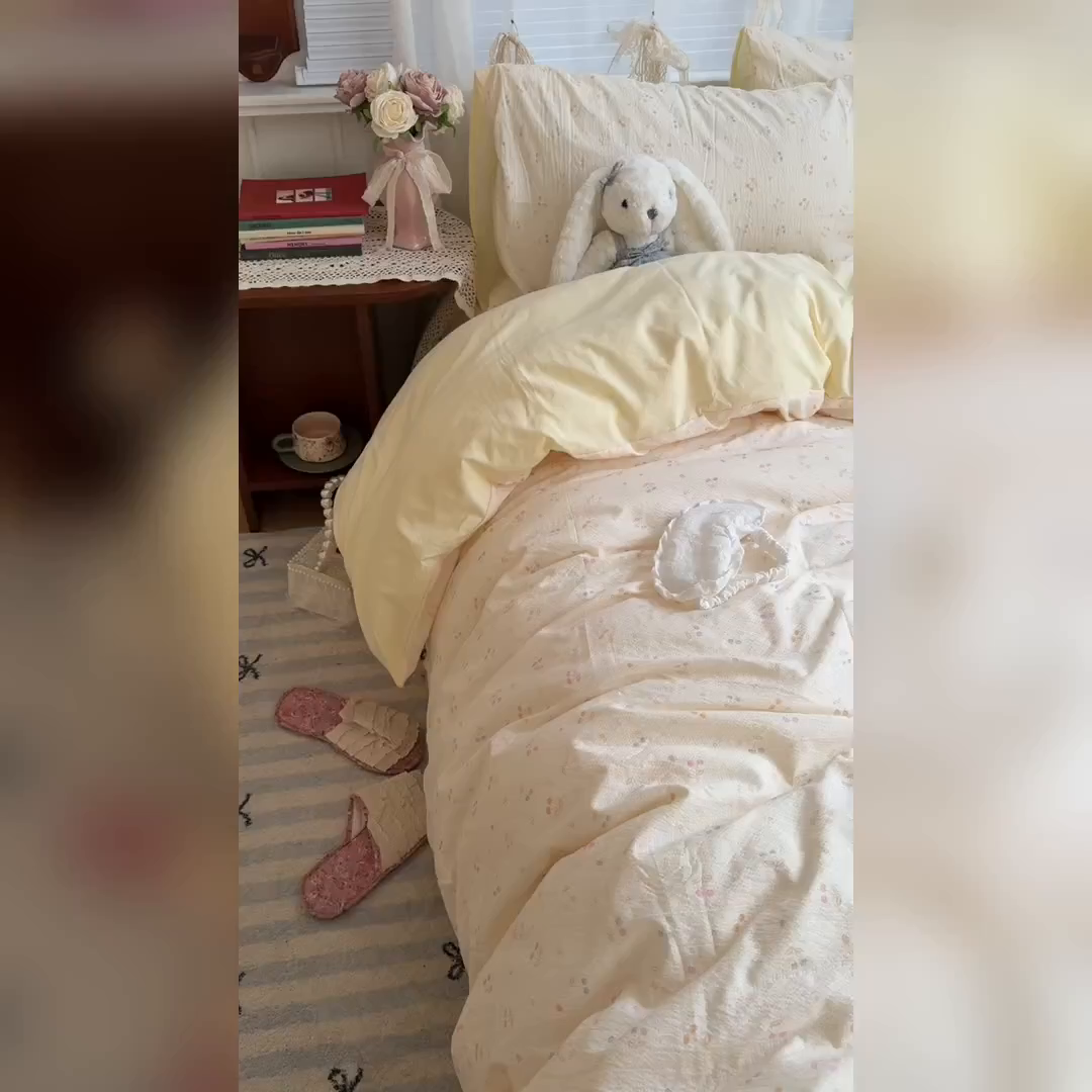 91家纺网 家纺一手货源 找家纺 原素 2026新春ins博主风双拼小碎花花卉水洗棉纱四件套 彩色樱桃