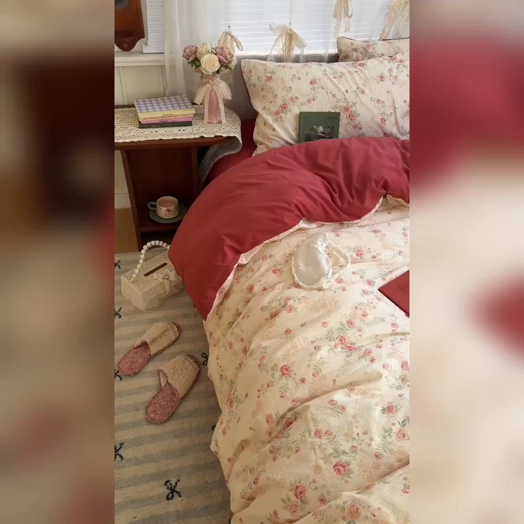 91家纺网 家纺一手货源 找家纺 （总）原素 2026新春ins博主风双拼小碎花花卉水洗棉纱四件套