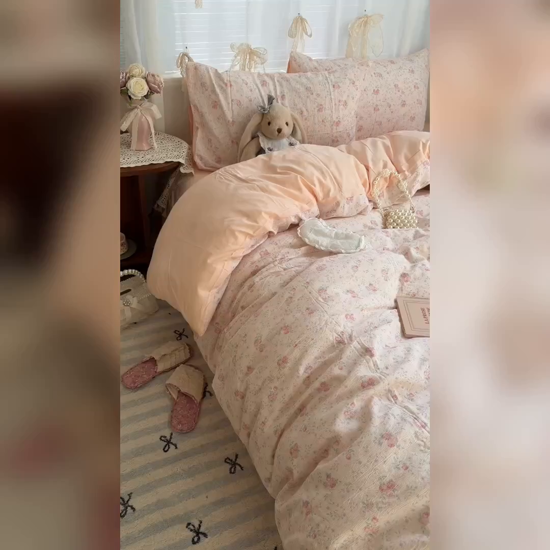 91家纺网 家纺一手货源 找家纺 原素 2026新春ins博主风双拼小碎花花卉水洗棉纱四件套 暗恋