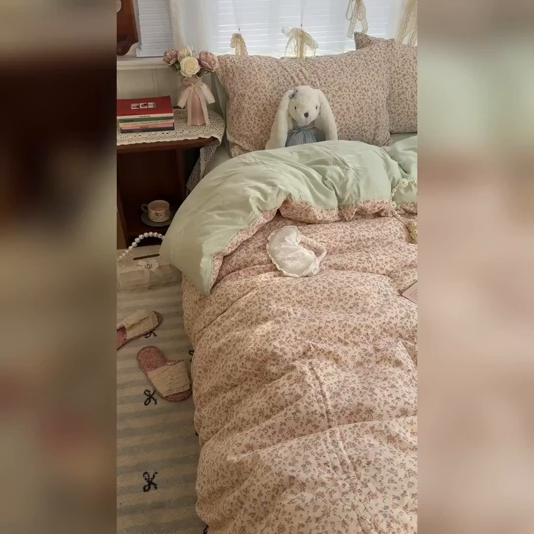 91家纺网 家纺一手货源 找家纺 原素 2026新春ins博主风双拼小碎花花卉水洗棉纱四件套 繁星