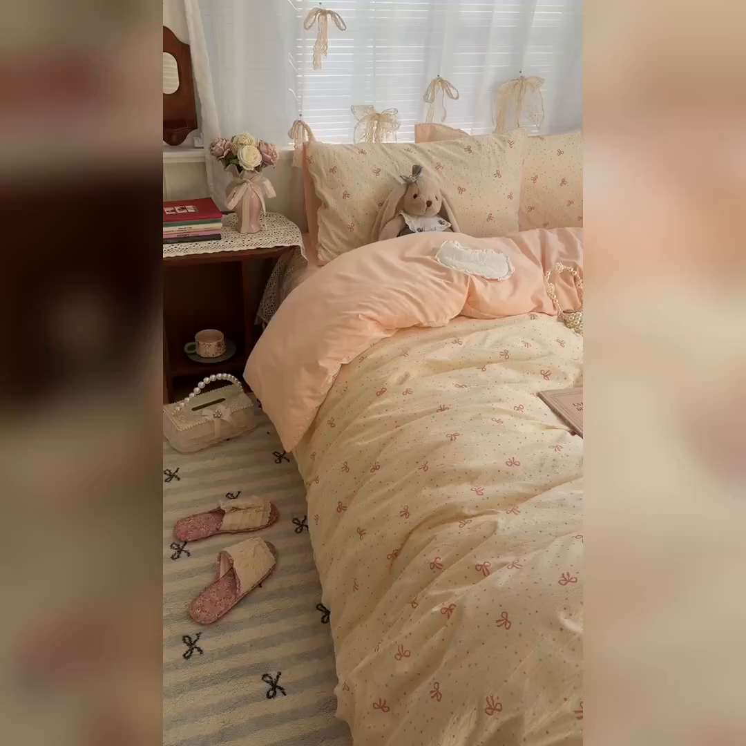 91家纺网 家纺一手货源 找家纺 原素 2026新春ins博主风双拼小碎花花卉水洗棉纱四件套 少女蝴蝶结