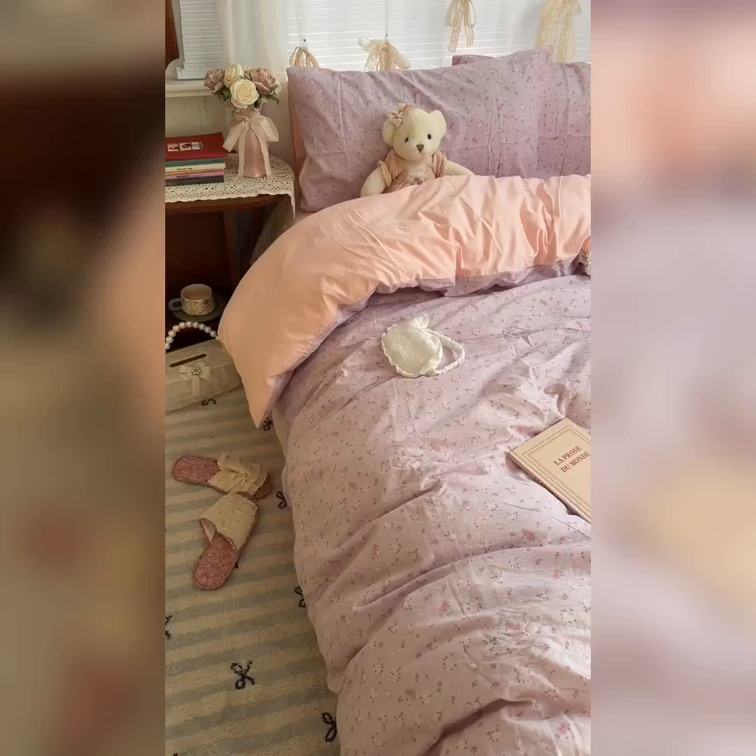 91家纺网 家纺一手货源 找家纺 原素 2026新春ins博主风双拼小碎花花卉水洗棉纱四件套 紫妍