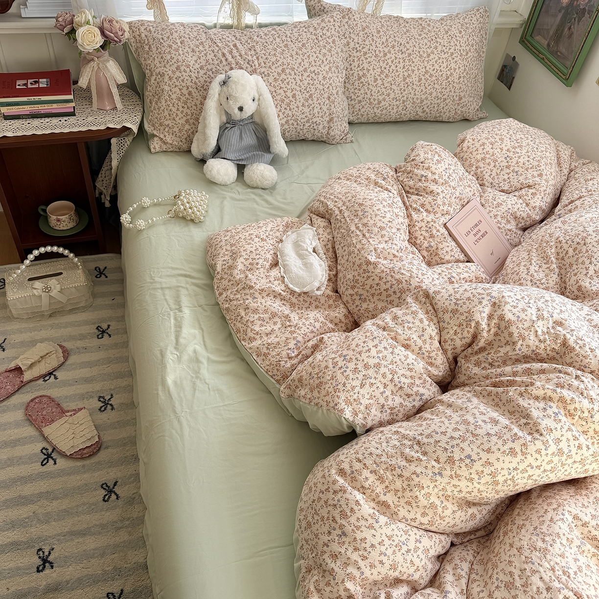 91家纺网 家纺一手货源 找家纺 原素 2026新春ins博主风双拼小碎花花卉水洗棉纱四件套 繁星