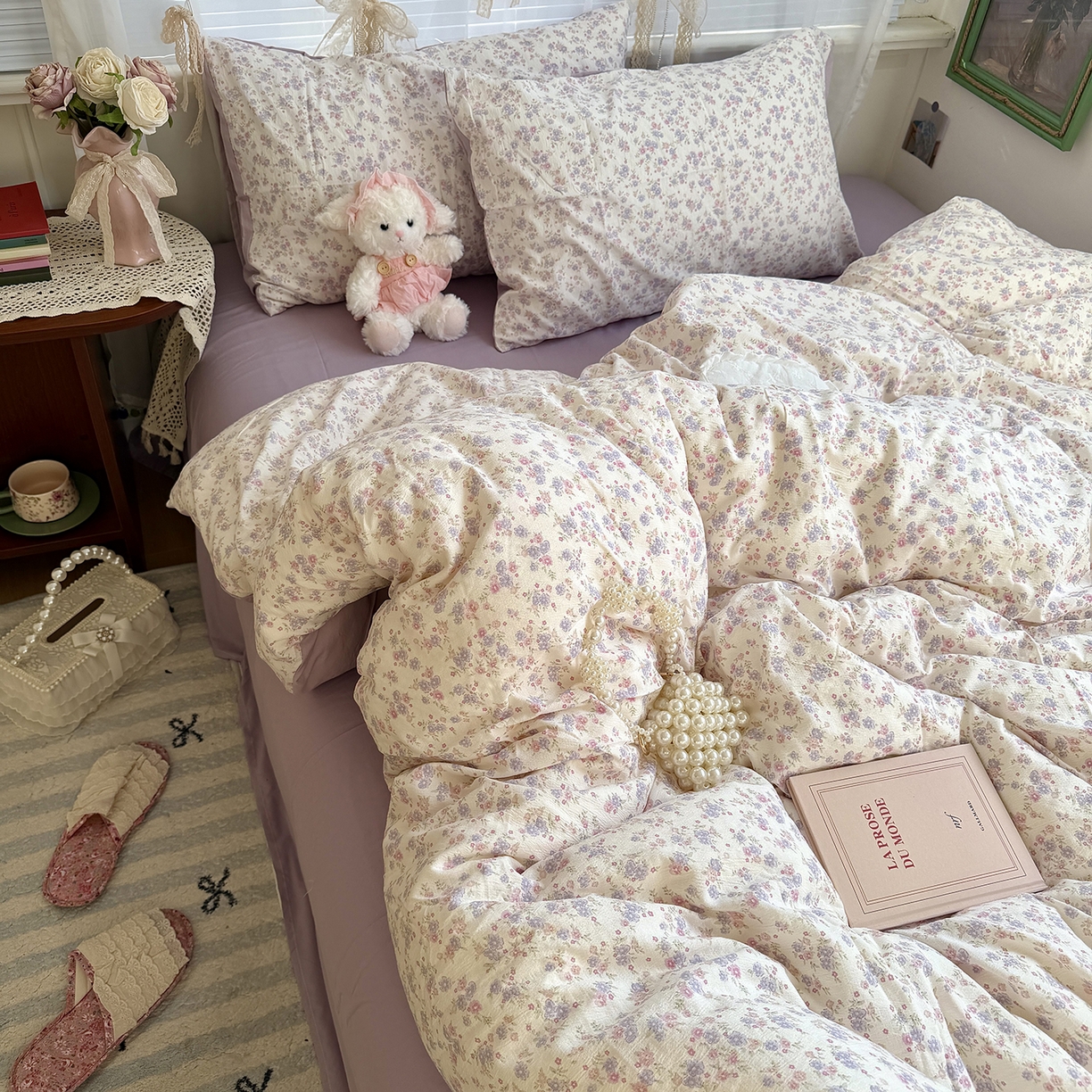 91家纺网 家纺一手货源 找家纺 原素 2026新春ins博主风双拼小碎花花卉水洗棉纱四件套 花团紫