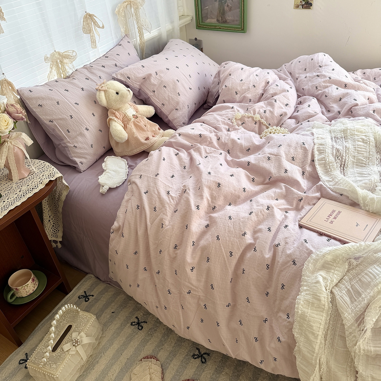 91家纺网 家纺一手货源 找家纺 原素 2026新春ins博主风双拼小碎花花卉水洗棉纱四件套 芋泥蝴蝶结