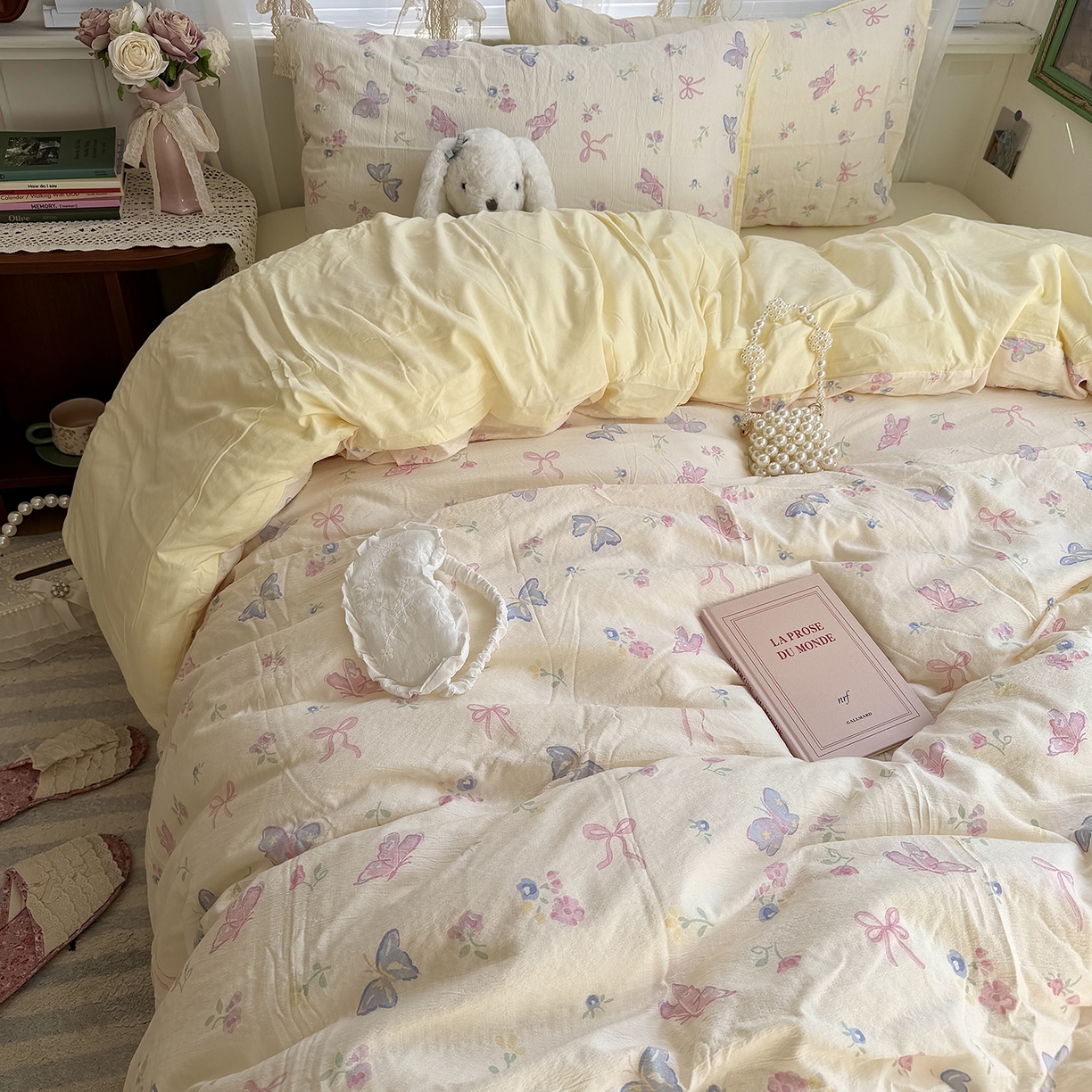 91家纺网 家纺一手货源 找家纺 原素 2026新春ins博主风双拼小碎花花卉水洗棉纱四件套 琉璃蝴蝶