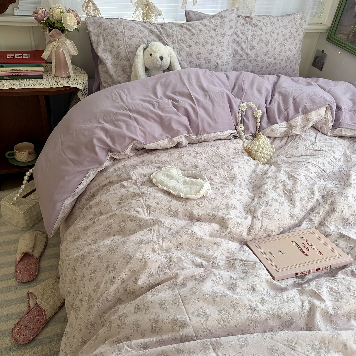 91家纺网 家纺一手货源 找家纺 原素 2026新春ins博主风双拼小碎花花卉水洗棉纱四件套 中古紫花