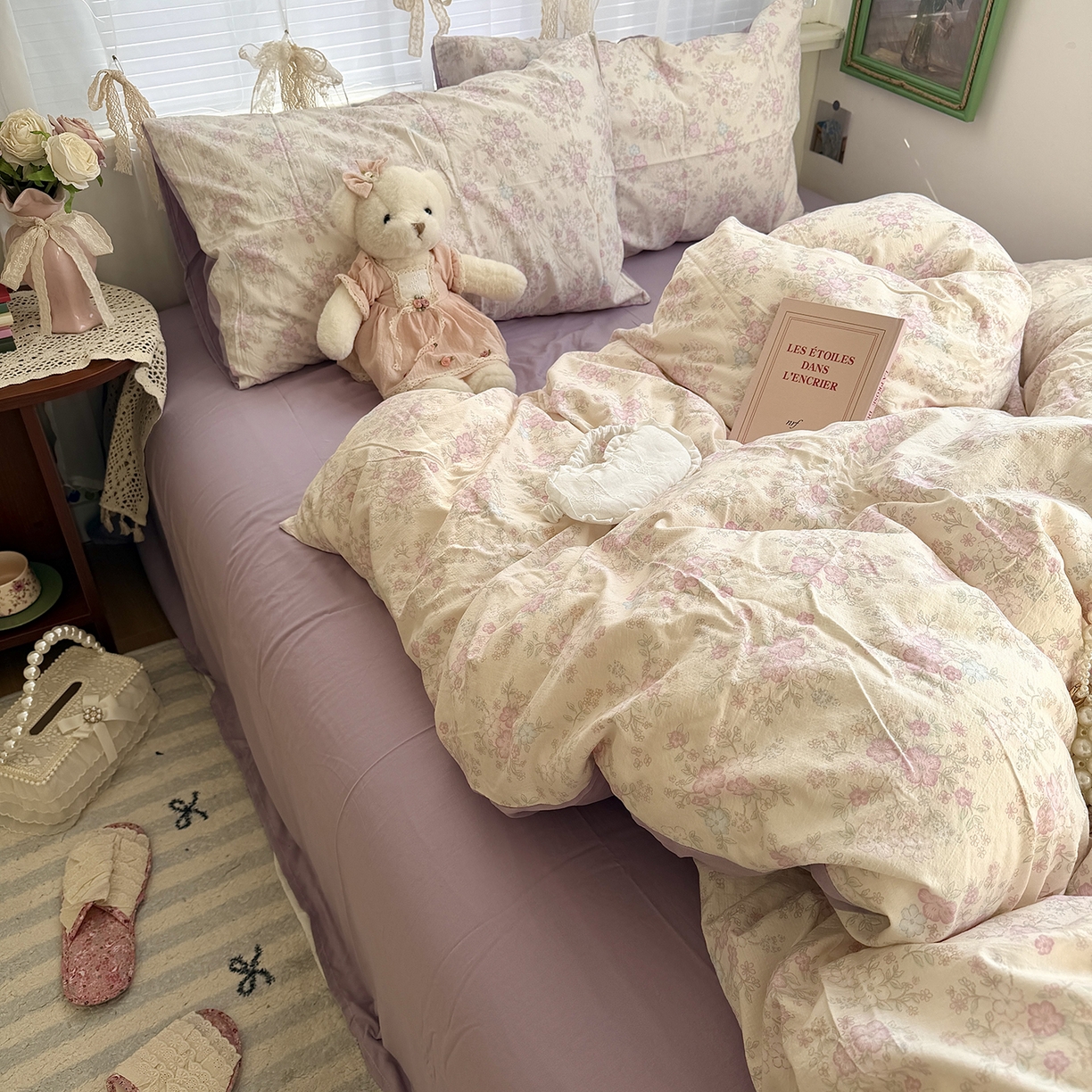 91家纺网 家纺一手货源 找家纺 原素 2026新春ins博主风双拼小碎花花卉水洗棉纱四件套 紫苑