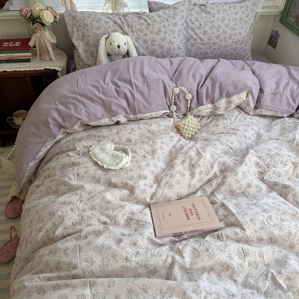 91家纺网 家纺一手货源 找家纺 原素 2026新春ins博主风双拼小碎花花卉水洗棉纱四件套 中古紫花