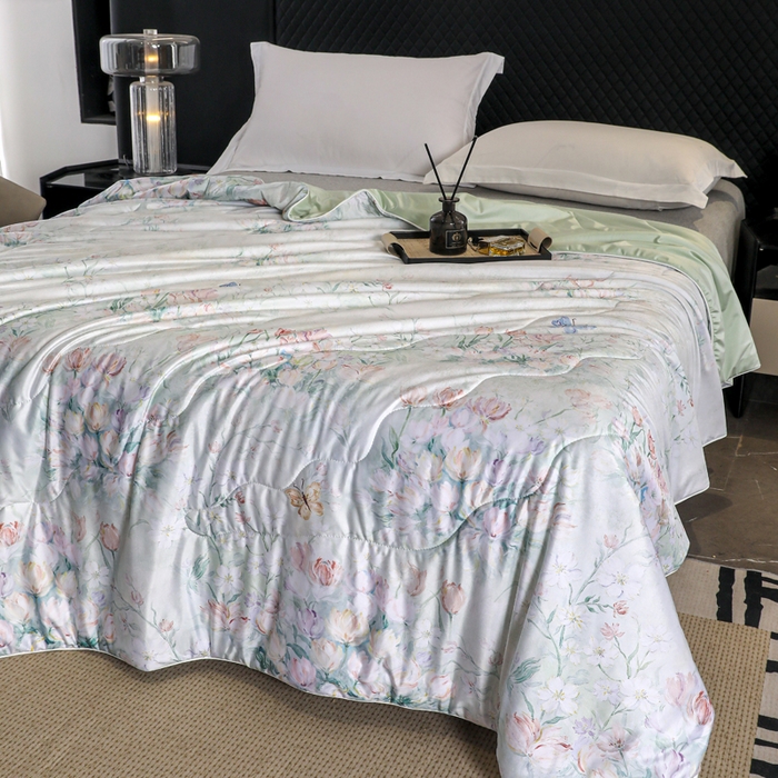 91家纺网 家纺一手货源 找家纺 亚龙工厂店 2026春夏新款直播网销爆款油光丝数码印花锦氨凉感被呱呱被夏被 晨露郁金