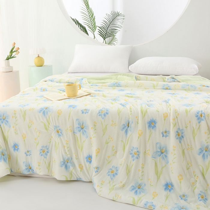 91家纺网 家纺一手货源 找家纺 亚龙工厂店 2026春夏新款网销跨境直播爆款法式小香风皱皱纱冷感被夏被 情叶绿