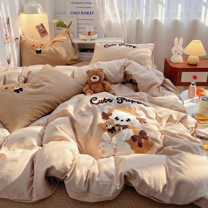 91家纺网 家纺一手货源 找家纺 （总）炫拼家纺 2026新款全棉A类双层纱卡通毛巾绣四件套-泡芙系列