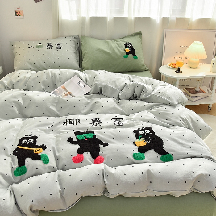 91家纺网 家纺一手货源 找家纺 炫拼家纺 2026新款全棉A类双层纱卡通毛巾绣四件套-泡芙系列 泡芙-椰暴富