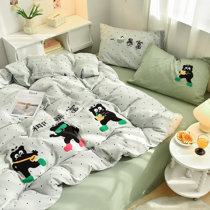 91家纺网 家纺一手货源 找家纺 炫拼家纺 2026新款全棉A类双层纱卡通毛巾绣四件套-泡芙系列 泡芙-椰暴富