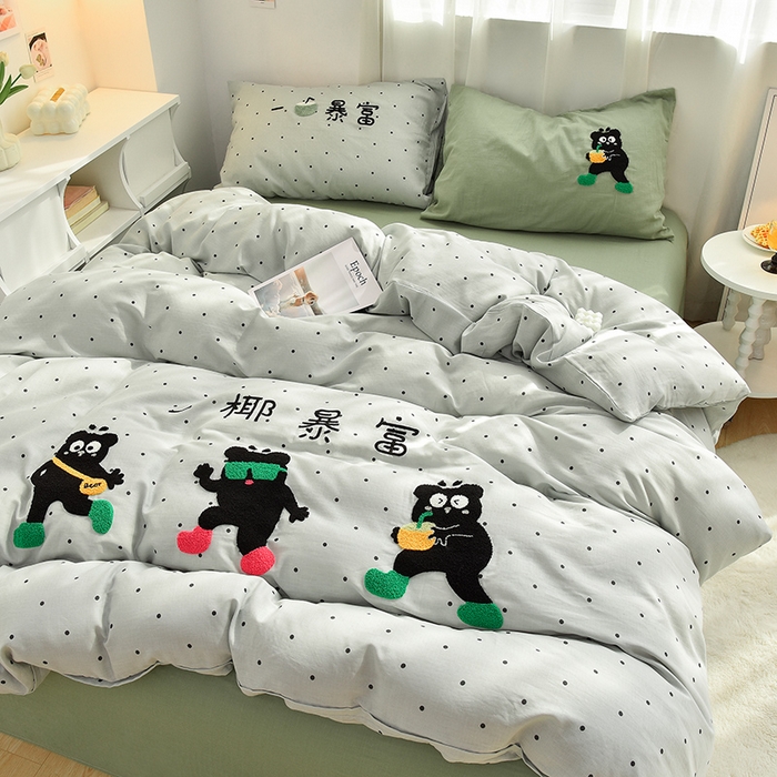 91家纺网 家纺一手货源 找家纺 炫拼家纺 2026新款全棉A类双层纱卡通毛巾绣四件套-泡芙系列 泡芙-椰暴富