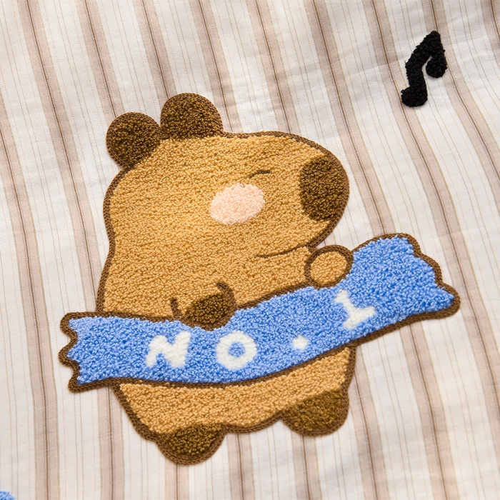 91家纺网 家纺一手货源 找家纺 炫拼家纺 2026新款全棉A类双层纱卡通毛巾绣四件套-泡芙系列 泡芙-卡皮派对