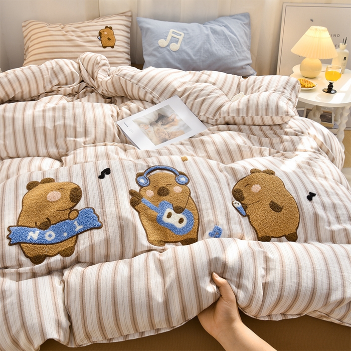 炫拼家纺 2026新款全棉A类双层纱卡通毛巾绣四件套-泡芙系列 泡芙-卡皮派对