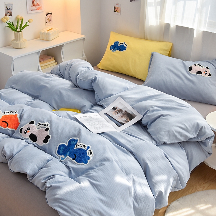 91家纺网 家纺一手货源 找家纺 炫拼家纺 2026新款全棉A类双层纱卡通毛巾绣四件套-泡芙系列 泡芙-动物朋友