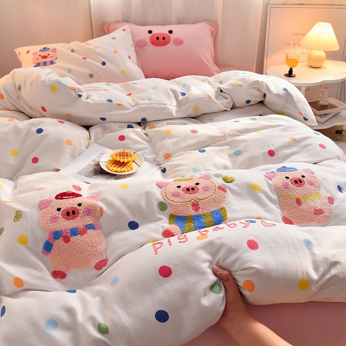 炫拼家纺 2026新款全棉A类双层纱卡通毛巾绣四件套-泡芙系列 泡芙-三只小猪