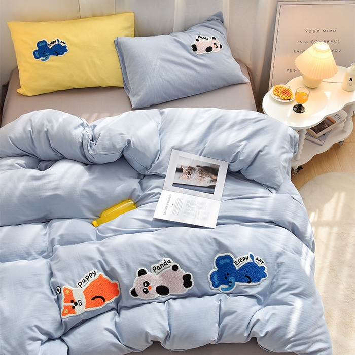 91家纺网 家纺一手货源 找家纺 炫拼家纺 2026新款全棉A类双层纱卡通毛巾绣四件套-泡芙系列 泡芙-动物朋友