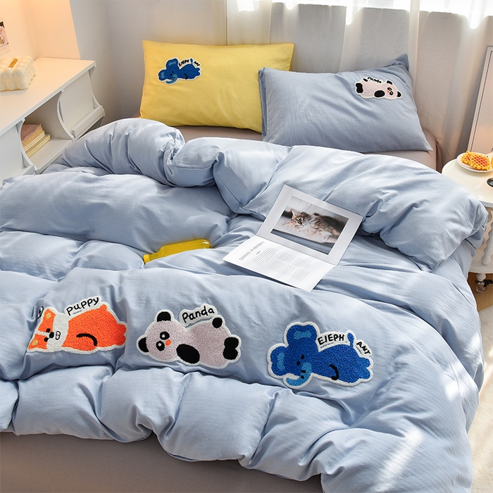 91家纺网 家纺一手货源 找家纺 炫拼家纺 2026新款全棉A类双层纱卡通毛巾绣四件套-泡芙系列 泡芙-动物朋友