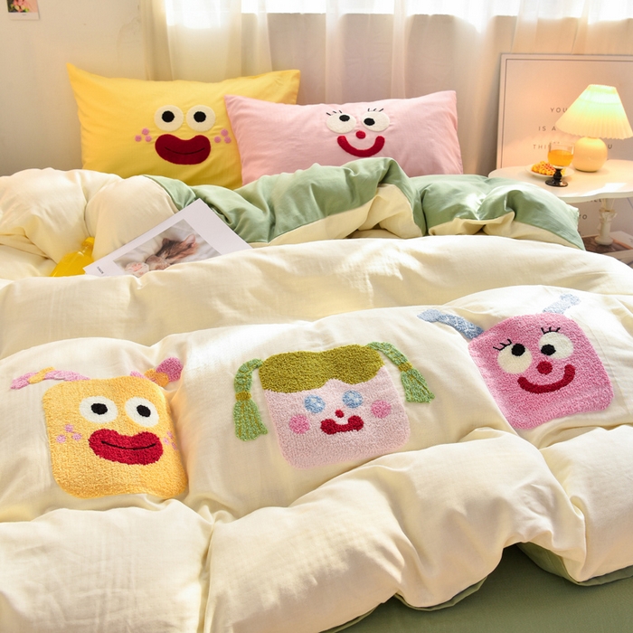 91家纺网 家纺一手货源 找家纺 炫拼家纺 2026新款全棉A类双层纱卡通毛巾绣四件套-泡芙系列 泡芙-女孩派对