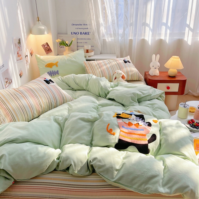 炫拼家纺 2026新款全棉A类双层纱卡通毛巾绣四件套-泡芙系列 泡芙-趣味猫