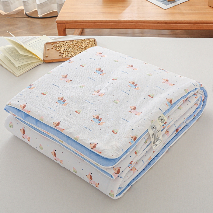 91家纺网 家纺一手货源 找家纺 亚龙工厂店 2026春夏新款爆款法式小香风皱皱纱木棉大豆被夏被 狗狗派对