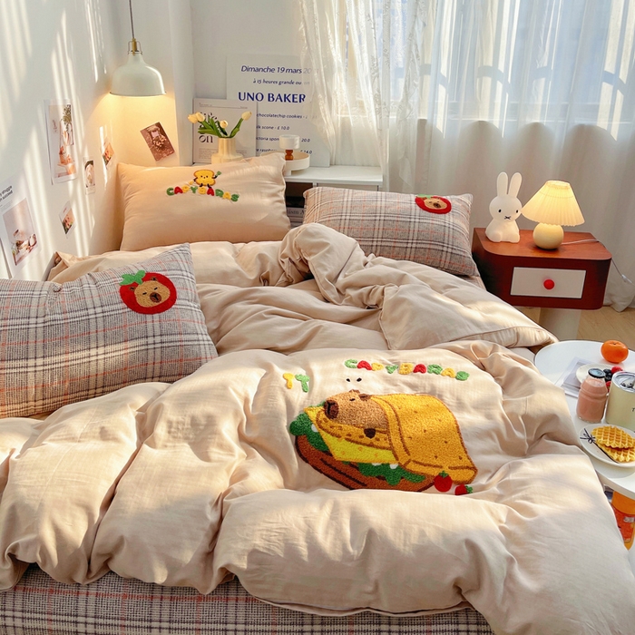 炫拼家纺 2026新款全棉A类双层纱卡通毛巾绣四件套-泡芙系列 泡芙-汉堡卡皮